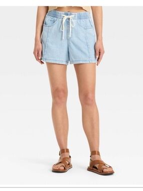 Women’s High Rise Light Blue Drawstring Beach Denim Shorts